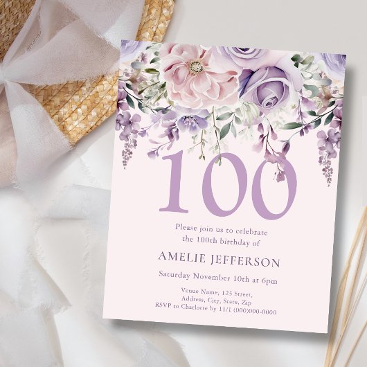 Papier Purple Floral 100e Budget Invitation Anniversaire