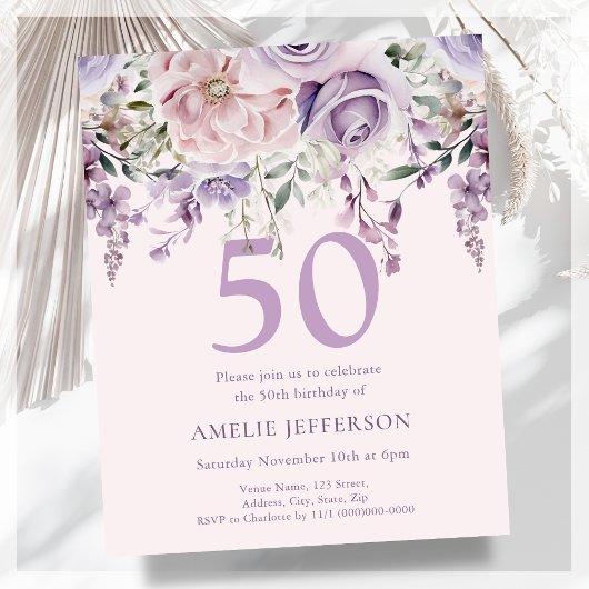 Papier Purple Floral 50e Budget Invitation Anniversaire