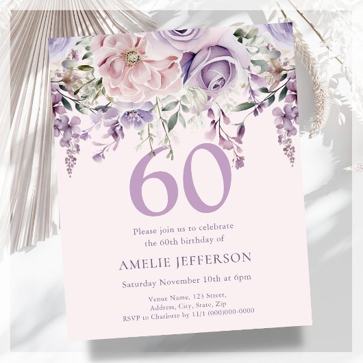Papier Purple Floral 60e Budget Invitation Anniversaire