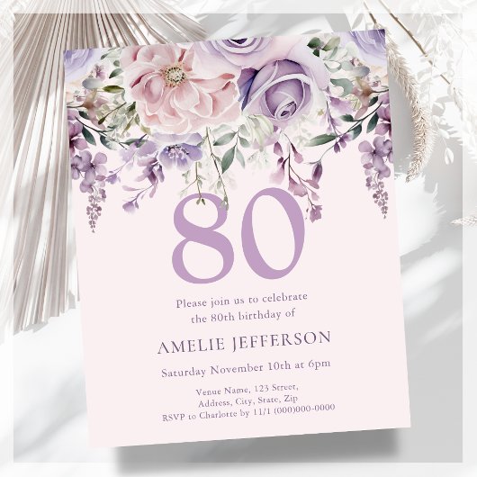Papier Purple Floral 80e Budget Invitation Anniversaire