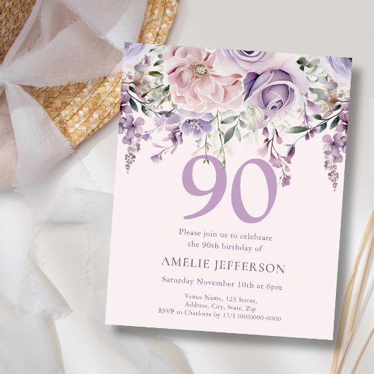 Papier Purple Floral 90e Budget Invitation Anniversaire