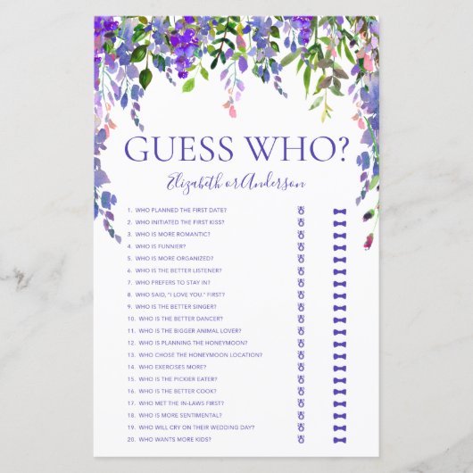 Papier Purple Floral Devinez Qui Fête des mariées Jeu (Devant)