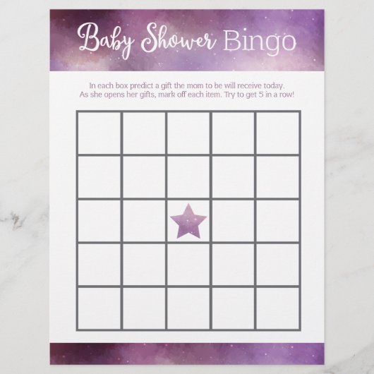 Papier Purple Galaxy Baby shower Jeu de Bingo (Devant)