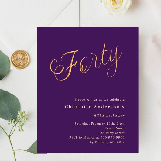 Papier Purple or script 40e anniversaire invitation