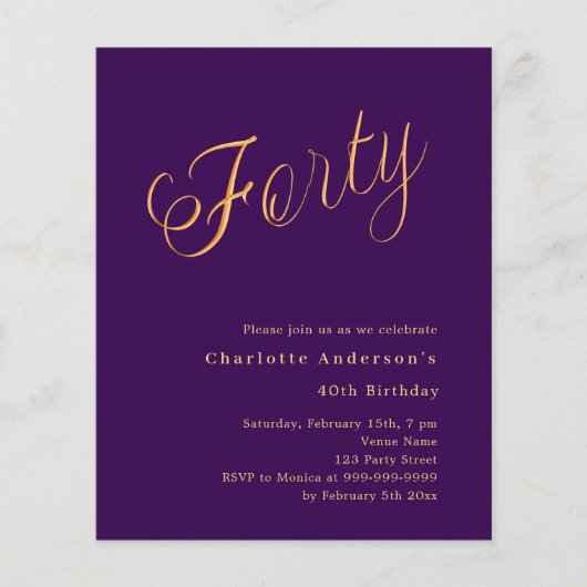 Papier Purple or script 40e anniversaire invitation (Devant)
