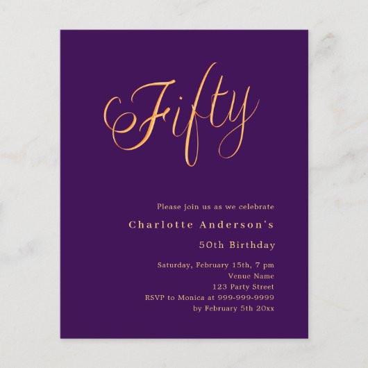 Papier Purple or script 50e anniversaire invitation (Devant)