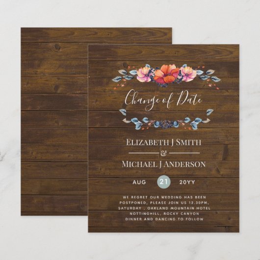 Papier Purple Orange Floral Mariage Changement de date (Devant / Derrière)