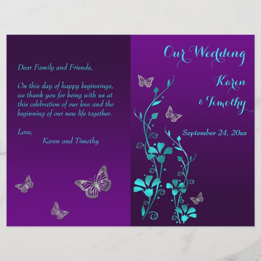 Papier Purple Turquoise Butterfly Floral Wedding Programm (Devant)