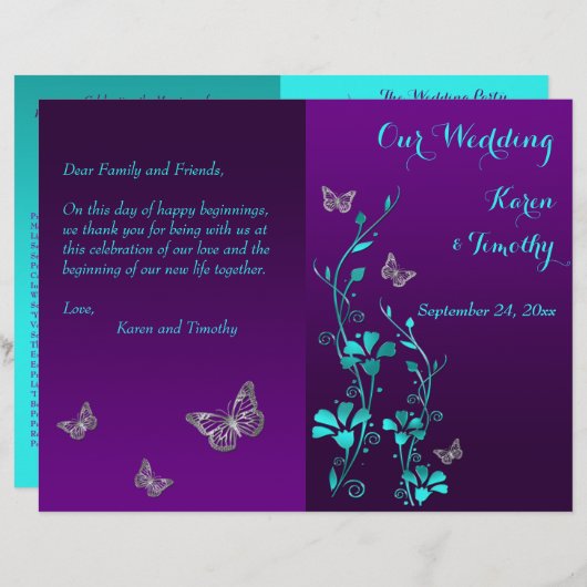 Papier Purple Turquoise Butterfly Floral Wedding Programm (Devant / Derrière)