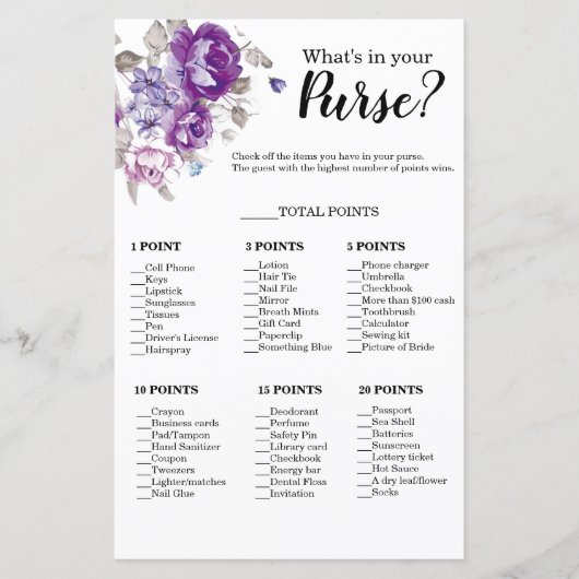 Papier Purplr Floral What's In Your Purse Douche Jeu (Devant)