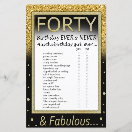 Papier Quarante Anniversaire Jamais ou jamais Jeu (Devant)