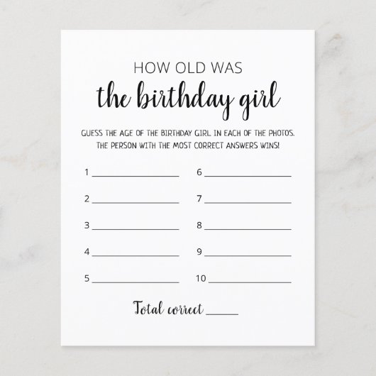 Papier Quel âge avait Birthday girl Jeu de fête d'anniver (Devant)