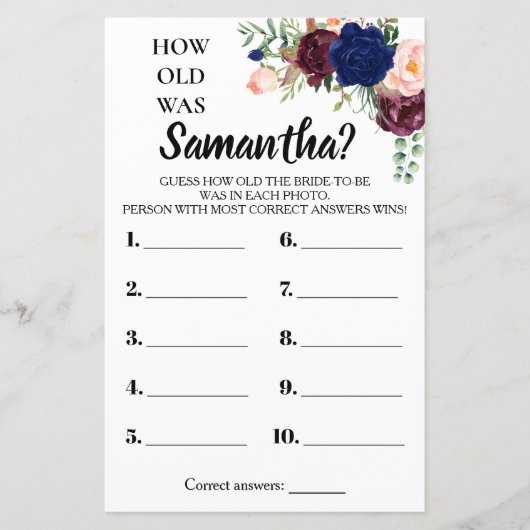 Papier Quel âge avait Elle nuptiale douche anglais jeu es (Devant)