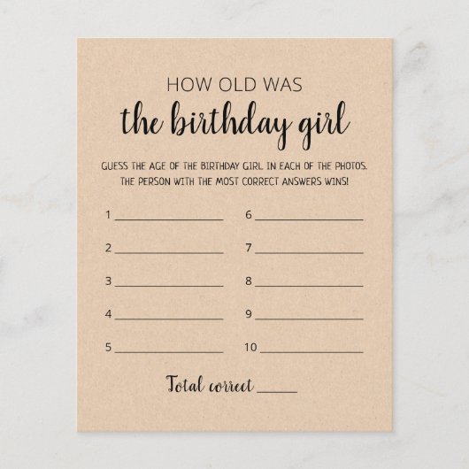 Papier Quel âge avait jeu de fête d'anniversaire fille d' (Devant)