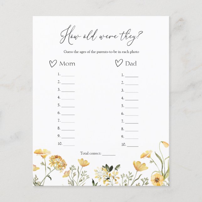 Papier Quel Âge Ont-Ils Été Fleur sauvage Baby shower Jeu (Devant)