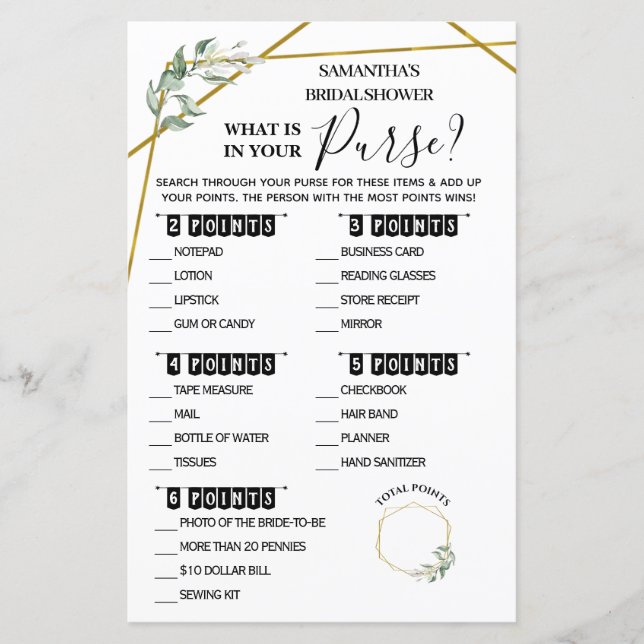 Papier Qu'est-ce que dans votre Purse nuptiale jeu biling (Devant)