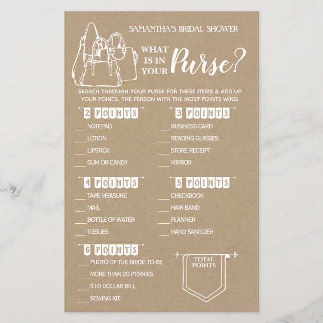 Papier Qu'est-ce que dans votre Purse rustique douche jeu (Devant)