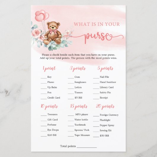 Papier Qu'est-ce que dans votre sac à main Jeu Teddy Bear (Devant)