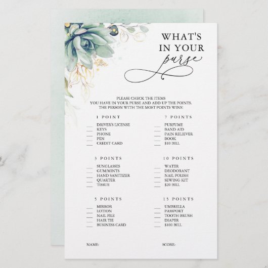 Papier Qu'est-ce que dans votre sac à main succulent jeu (Devant / Derrière)