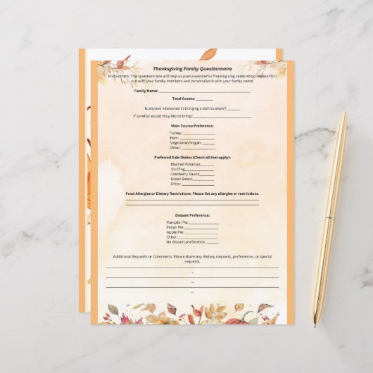 Papier Questionnaire sur la famille de Thanksgiving (Devant/Arrière en situation)