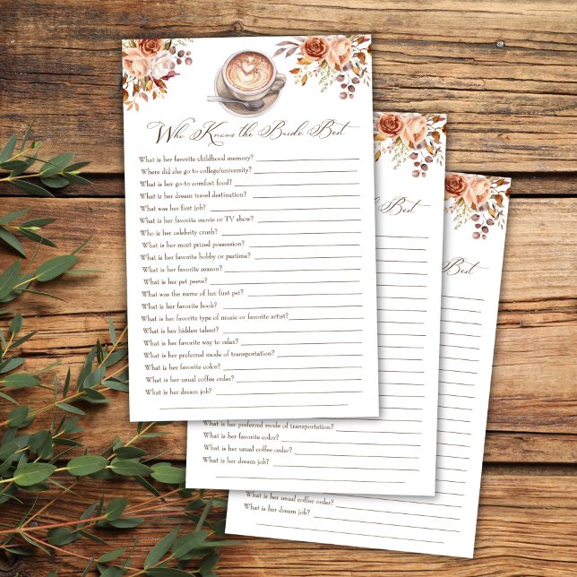 Papier Qui connaît la mariée meilleur café jeu de douche  (Who knows the bride best love is brewing coffee cappuccino fall bridal shower games)