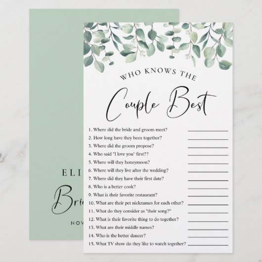 Papier Qui connaît le couple meilleur jeu de douche verte (Devant / Derrière)