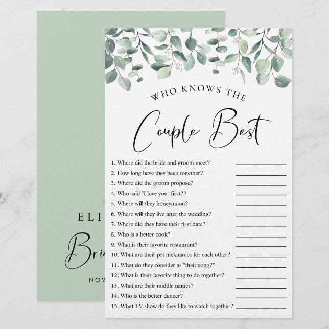 Papier Qui connaît le couple meilleur jeu de douche verte (Devant / Derrière)