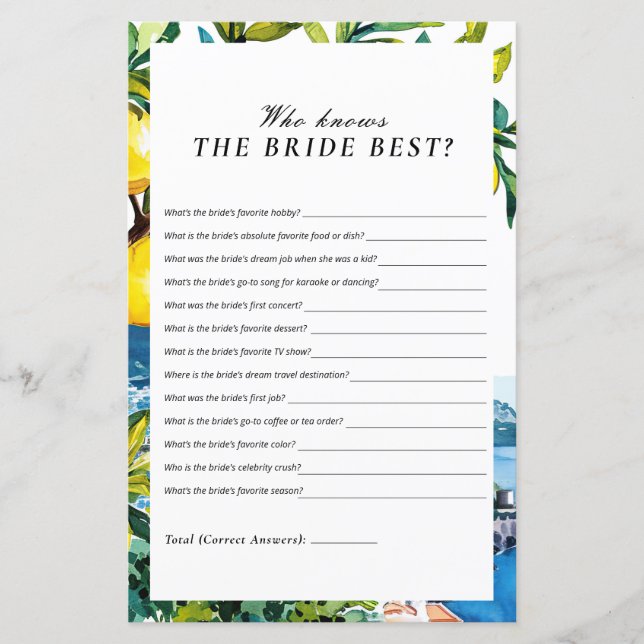 Papier Qui connaît le mieux la mariée Amalfi Enterrement  (Devant)