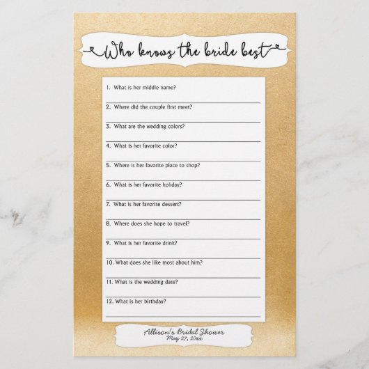 Papier Qui connaît le mieux la mariée, dit-il, elle a dit (Devant)