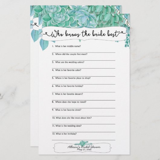 Papier Qui connaît le mieux la mariée, il a dit qu'elle a (Devant / Derrière)