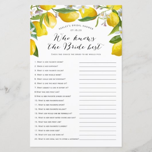 Papier Qui connaît le mieux la mariée, Jeux de mariée de (Devant)