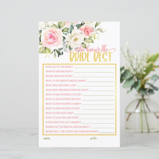 Papier Qui connaît le mieux la mariée - Rose Floral & Or (Debout devant)