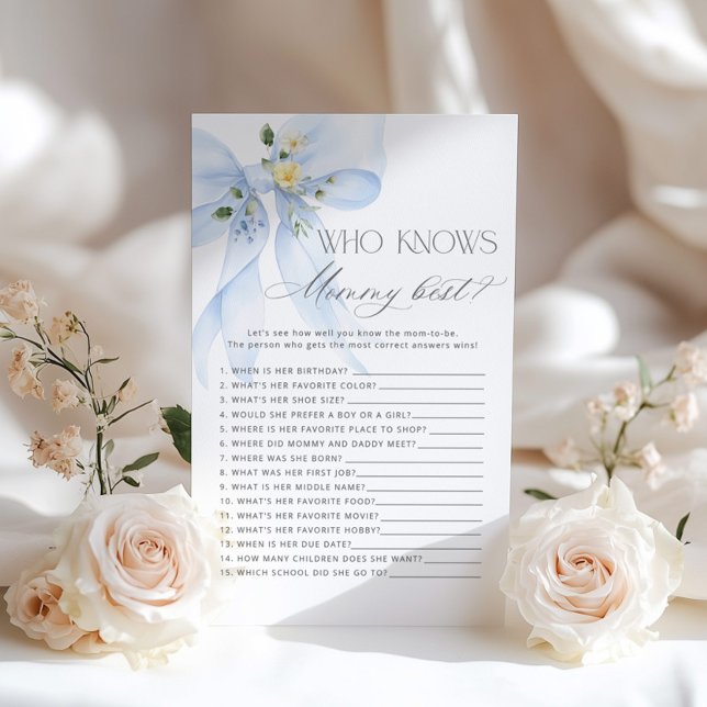 Papier Qui connaît maman le meilleur baby shower Blue Bow (Créateur téléchargé)