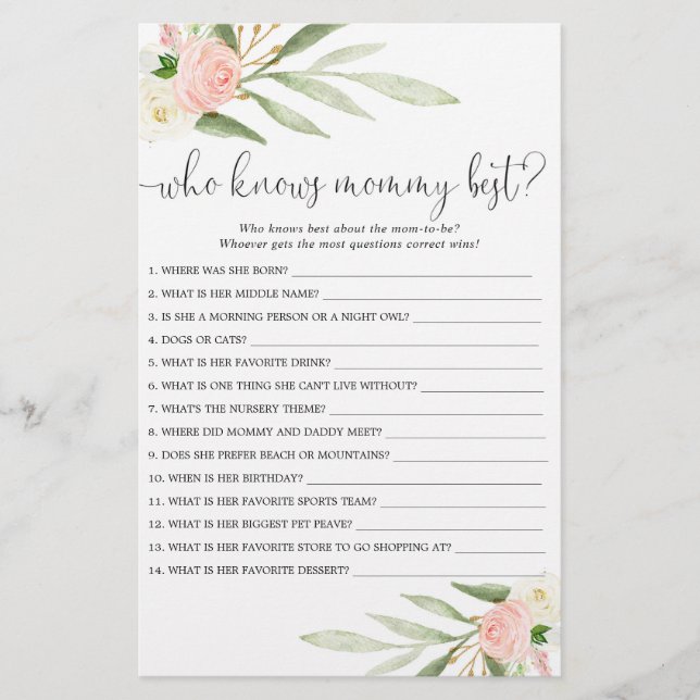 Papier Qui connaît maman meilleur baby shower jeu or rose (Devant)