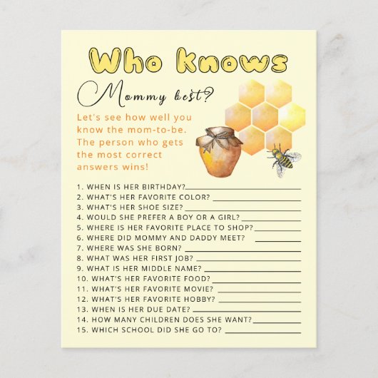 Papier Qui connaît maman mon meilleur jeu de baby shower. (Devant)