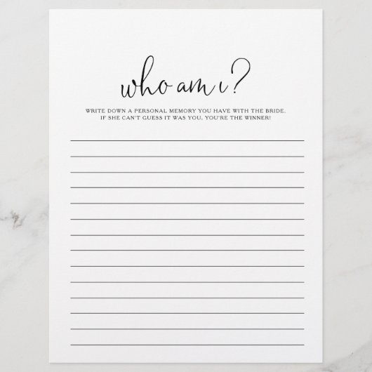 Papier Qui suis-je Fancy Script Fête des mariées jeu (Devant)