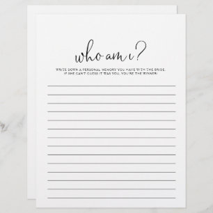 Papier Qui suis-je Fancy Script Fête des mariées jeu