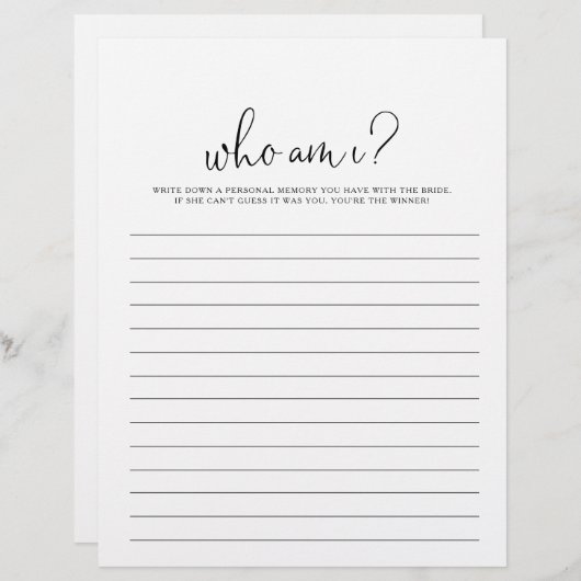 Papier Qui suis-je Fancy Script Fête des mariées jeu (Devant / Derrière)