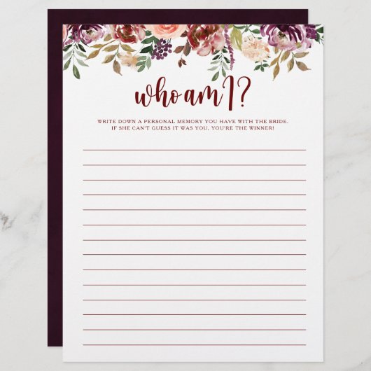 Papier Qui Suis-Je Jeu De Fête des mariées Florale Rustiq (Devant / Derrière)