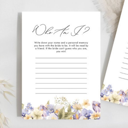 Papier Qui Suis-Je Jeu De Fête des mariées Florale Violet