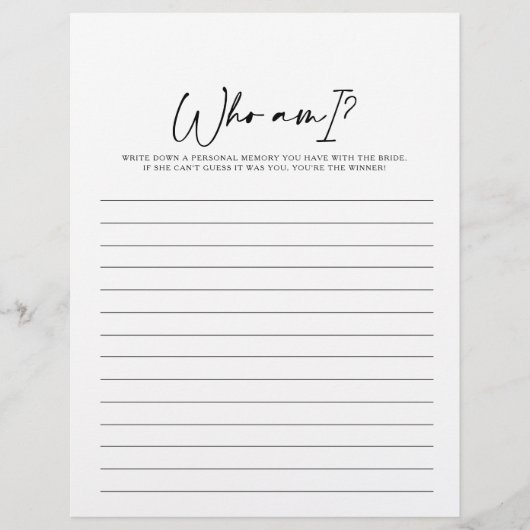 Papier Qui suis-je Jeu de Fête des mariées moderne (Devant)