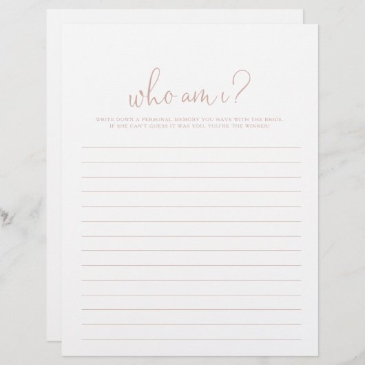 Papier Qui suis-je Rose Gold Script Fête des mariées jeu (Devant / Derrière)