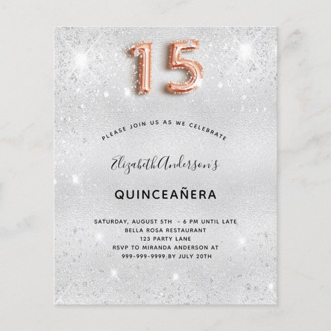 Papier Quinceanera argent rose or invitation (Devant)