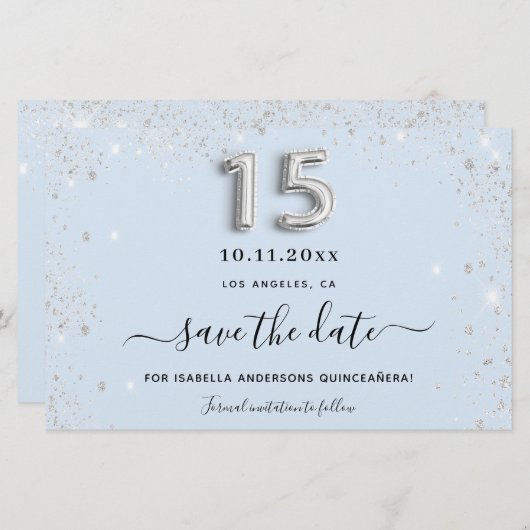 Papier Quinceanera bébé bleu argent parties scintillant e (Devant / Derrière)