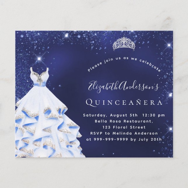 Papier Quinceanera bleu argent robe budget invitation (Devant)