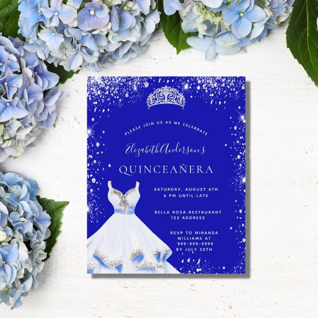 Papier Quinceanera bleu argent robe tiare invitation (Créateur téléchargé)