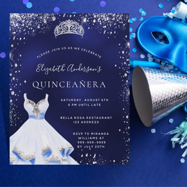 Papier Quinceanera bleu argent robe tiare invitation (Créateur téléchargé)