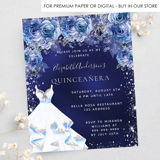 Papier Quinceanera bleu marine robe bleu invitation flora (Créateur téléchargé)