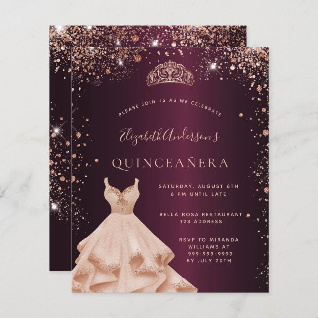 Papier Quinceanera Bourgogne rose invitation robe or (Devant / Derrière)