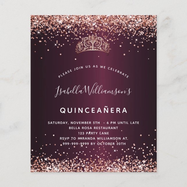 Papier Quinceanera Bourgogne rose invitation tiara or (Devant)